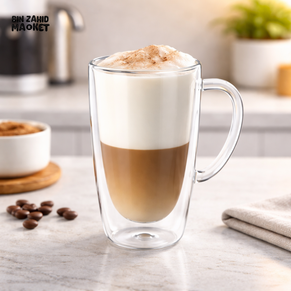 DANNY HOME DOUBLE WALLED BOROSILICATE GLASS MUG SET 350ML HEAT RESISTANT INSULATED COFFEE TEA CUP WITH HANDLE 2PCS