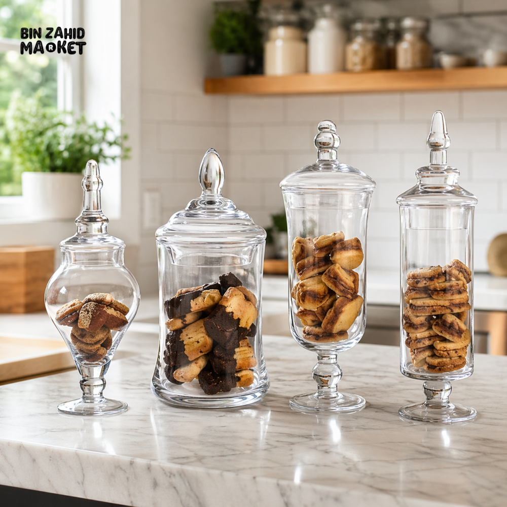 DANNY HOME GLASS APOTHECARY STORAGE JAR SET 4PCS DECORATIVE KITCHEN COOKIE CANDY CONTAINERS WITH LIDS β CB-209
