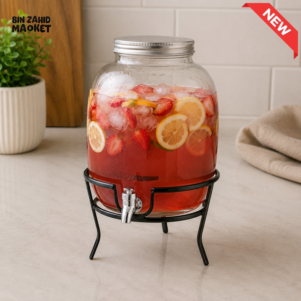 DANNY HOME GLASS BEVERAGE DISPENSER WITH TAP AND METAL STAND - 8 LITERS