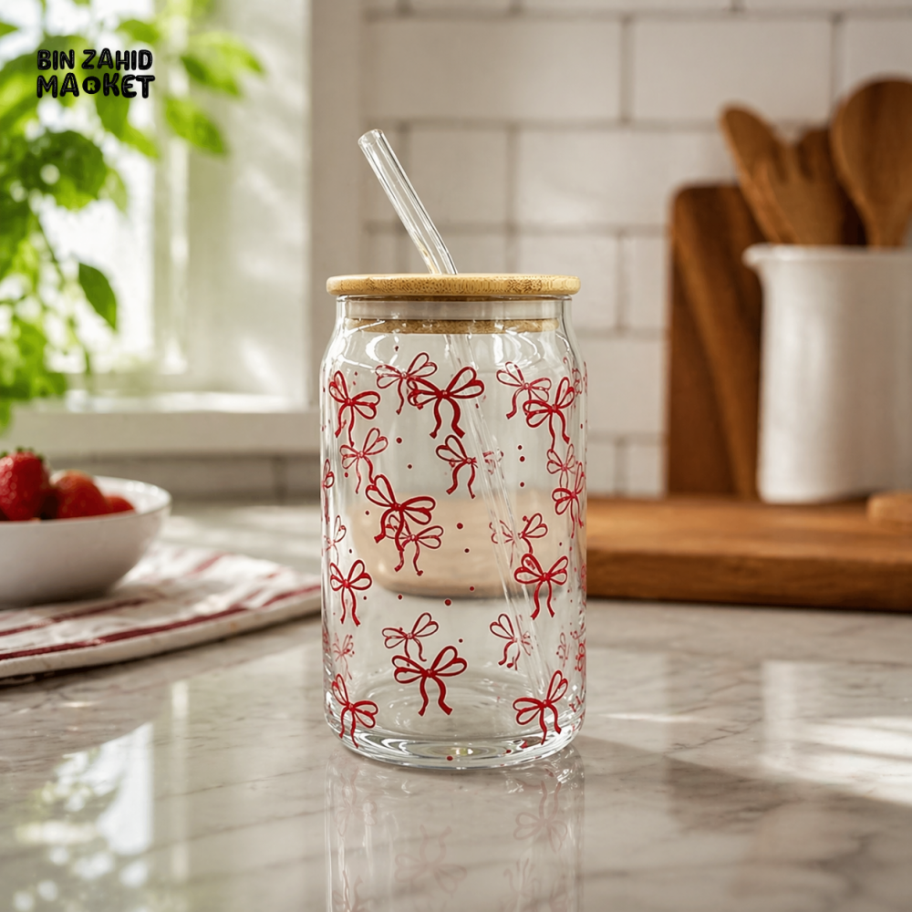 DANNY HOME GLASS MASON JAR TUMBLER WITH BAMBOO LID & STRAW BOW DESIGN 500ML 2PCS SET CB-225