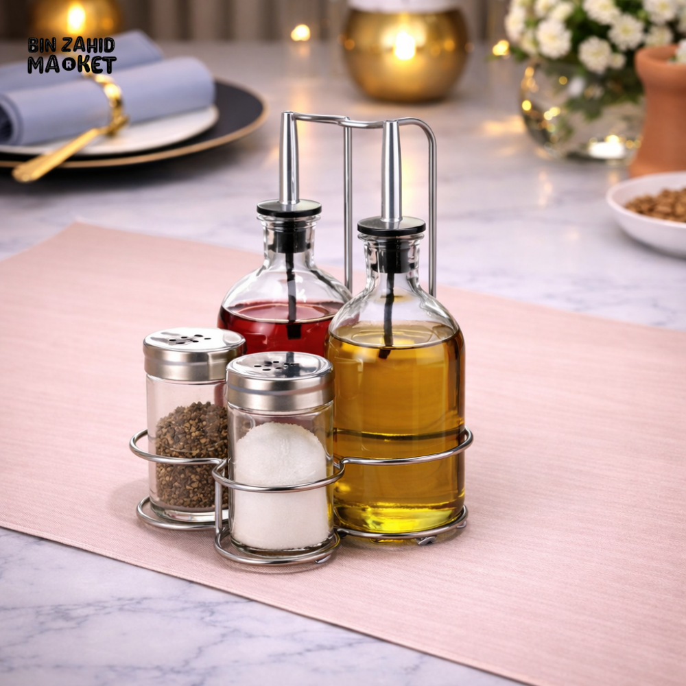 DANNY HOME GLASS OIL & VINEGAR DISPENSER SET WITH SALT & PEPPER SHAKERS – LUXURY DINING CONDIMENT SET -SD-001