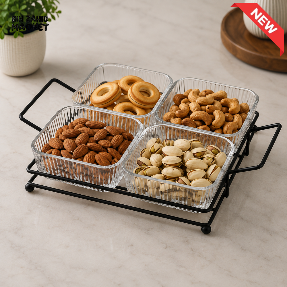 DANNY HOME GLASS SNACK SERVING BOWL SET WITH METAL STAND - 4 PIECES