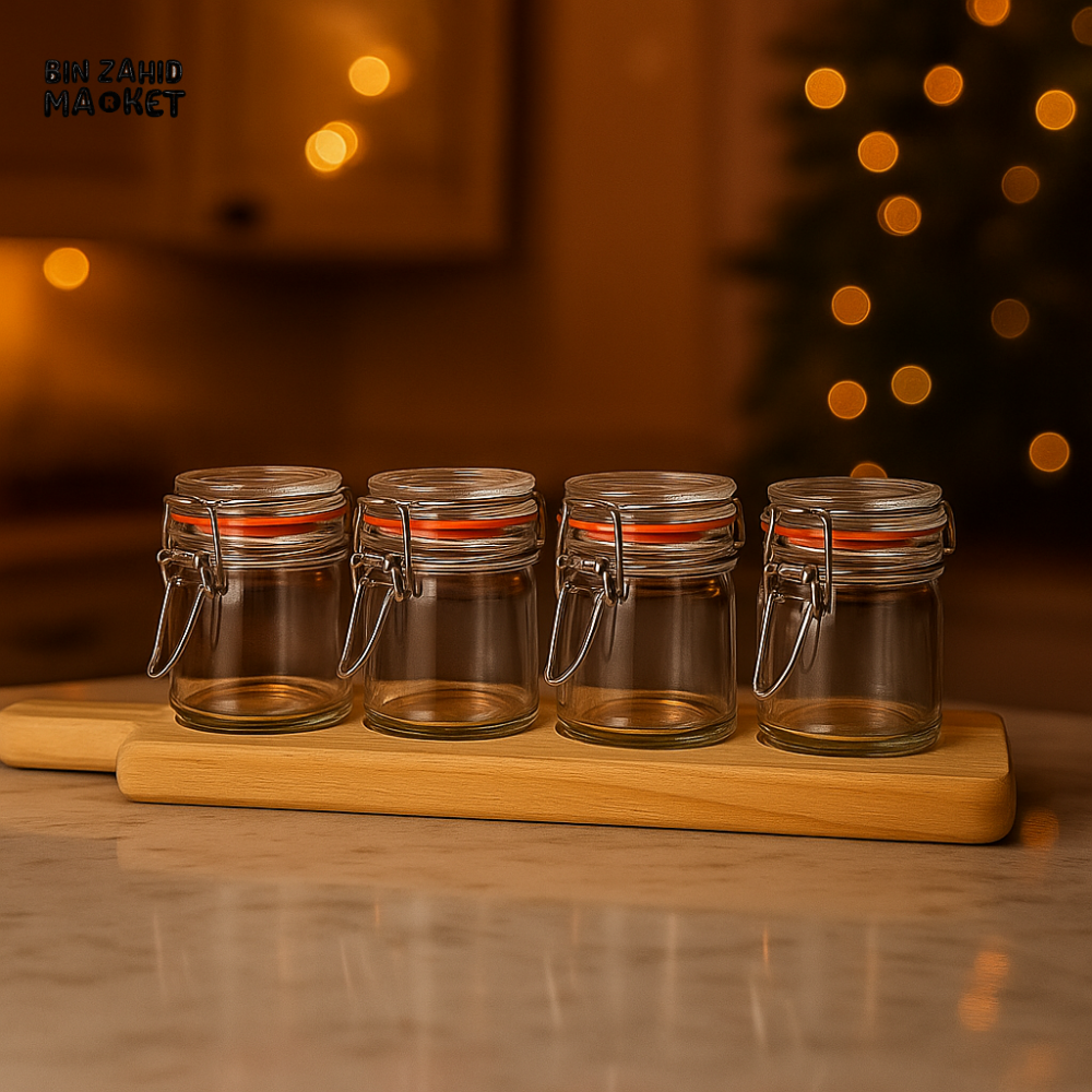 DANNY HOME GLASS SPICE JAR SET – 5 PIECES AIRTIGHT STORAGE CONTAINERS WITH WOODEN TRAY FOR KITCHEN ORGANIZING & SERVING