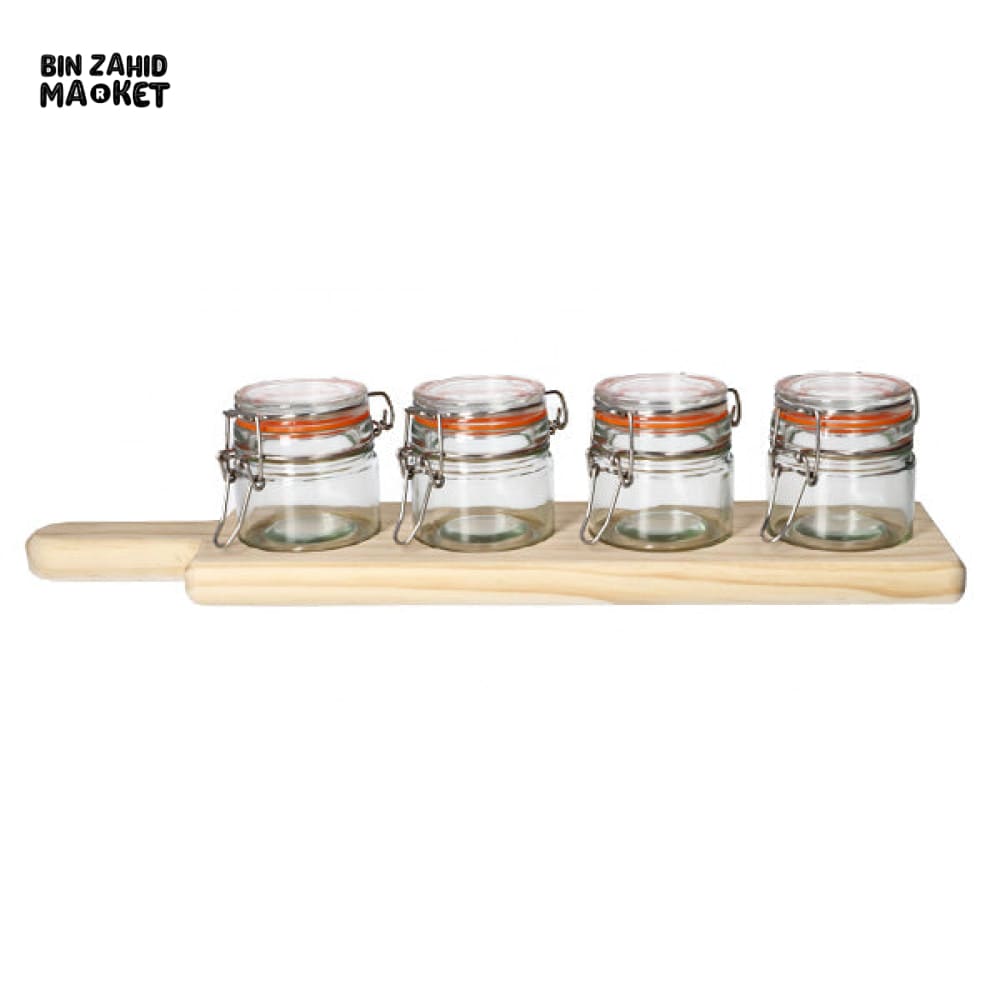 DANNY HOME GLASS SPICE JAR SET – 5 PIECES AIRTIGHT STORAGE CONTAINERS WITH WOODEN TRAY FOR KITCHEN ORGANIZING & SERVING