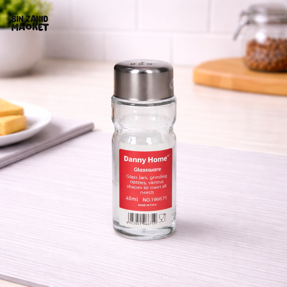 DANNY HOME GLASS SPICE SHAKER – 40ML SEASONING DISPENSER WITH STAINLESS STEEL LID FOR KITCHEN USE -1966-71