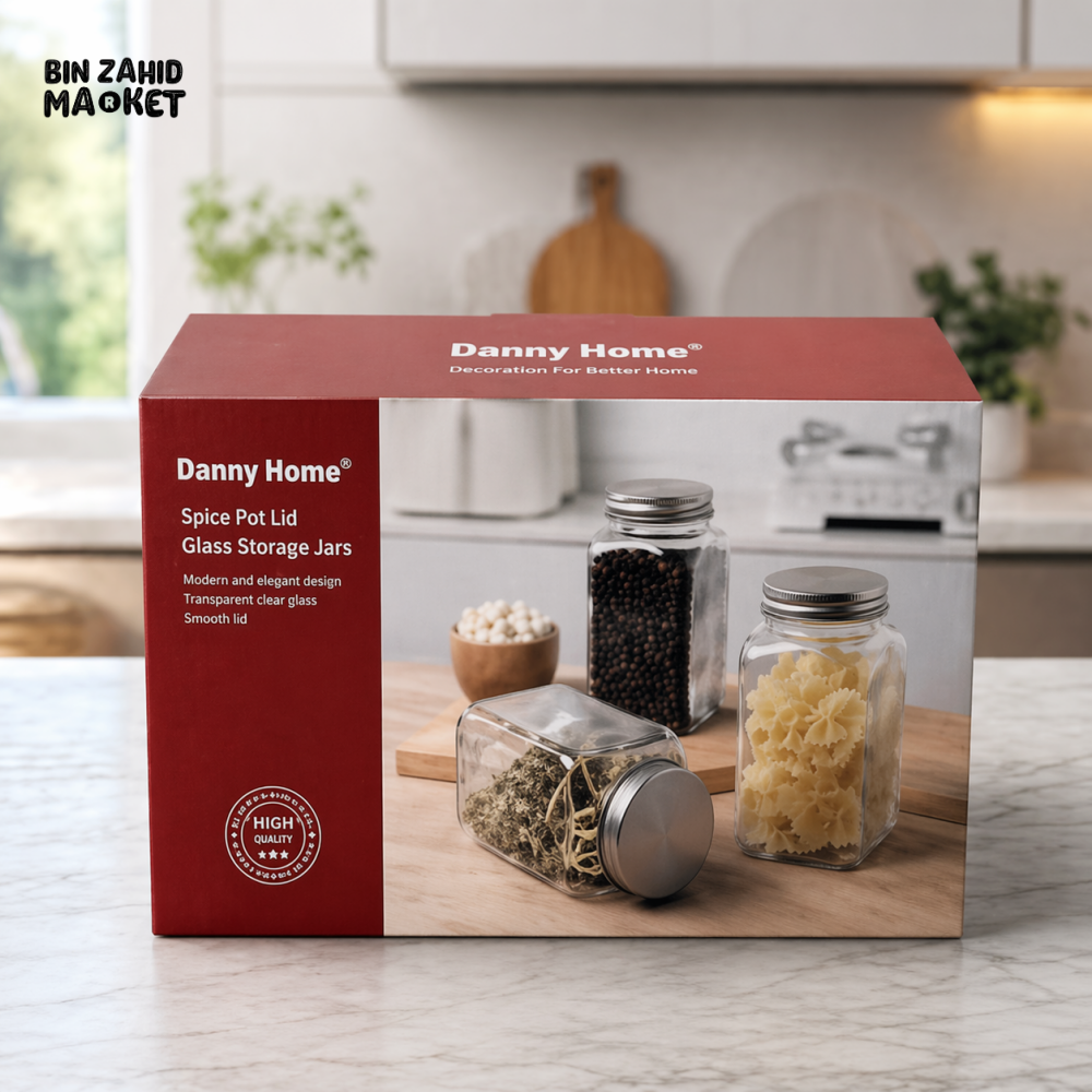 DANNY HOME GLASS SPICE STORAGE JAR SET WITH METAL LID β 3PCS CLEAR AIRTIGHT KITCHEN CONTAINERS 1988-37