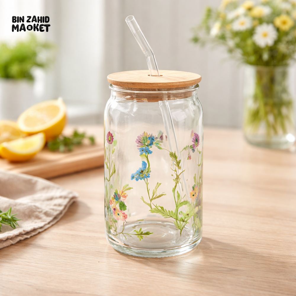 DANNY HOME GLASS STRAW TUMBLER SET WITH BAMBOO LID 500ML 2PCS DRINKING CUP CB-230