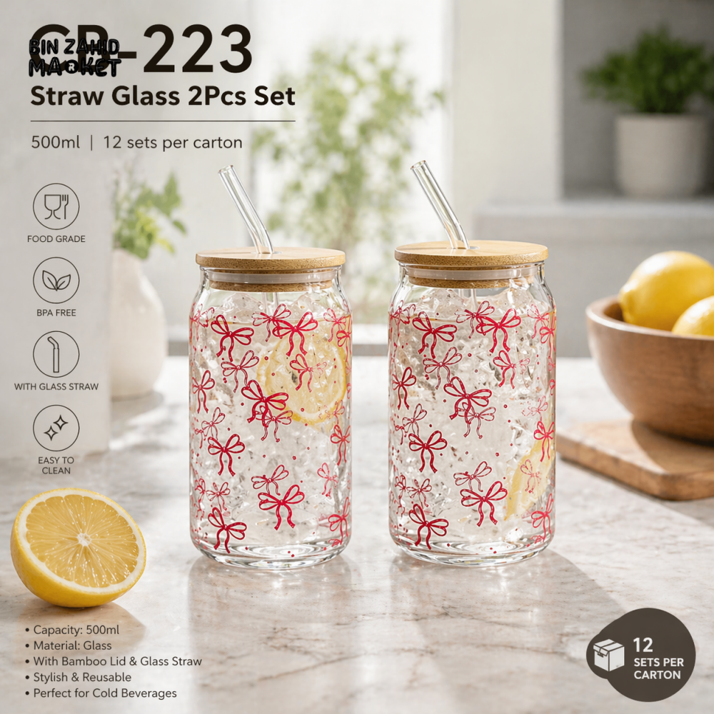 DANNY HOME GLASS STRAW TUMBLER SET WITH BAMBOO LID 500ML 2PCS DRINKING CUP SET CB-223