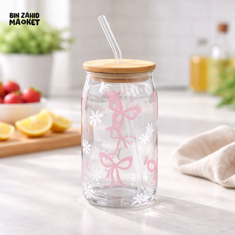 DANNY HOME GLASS TUMBLER WITH BAMBOO LID AND STRAW 500ML 2PCS SET – AESTHETIC DRINKING JAR FOR JUICE COFFEE & SMOOTHIES