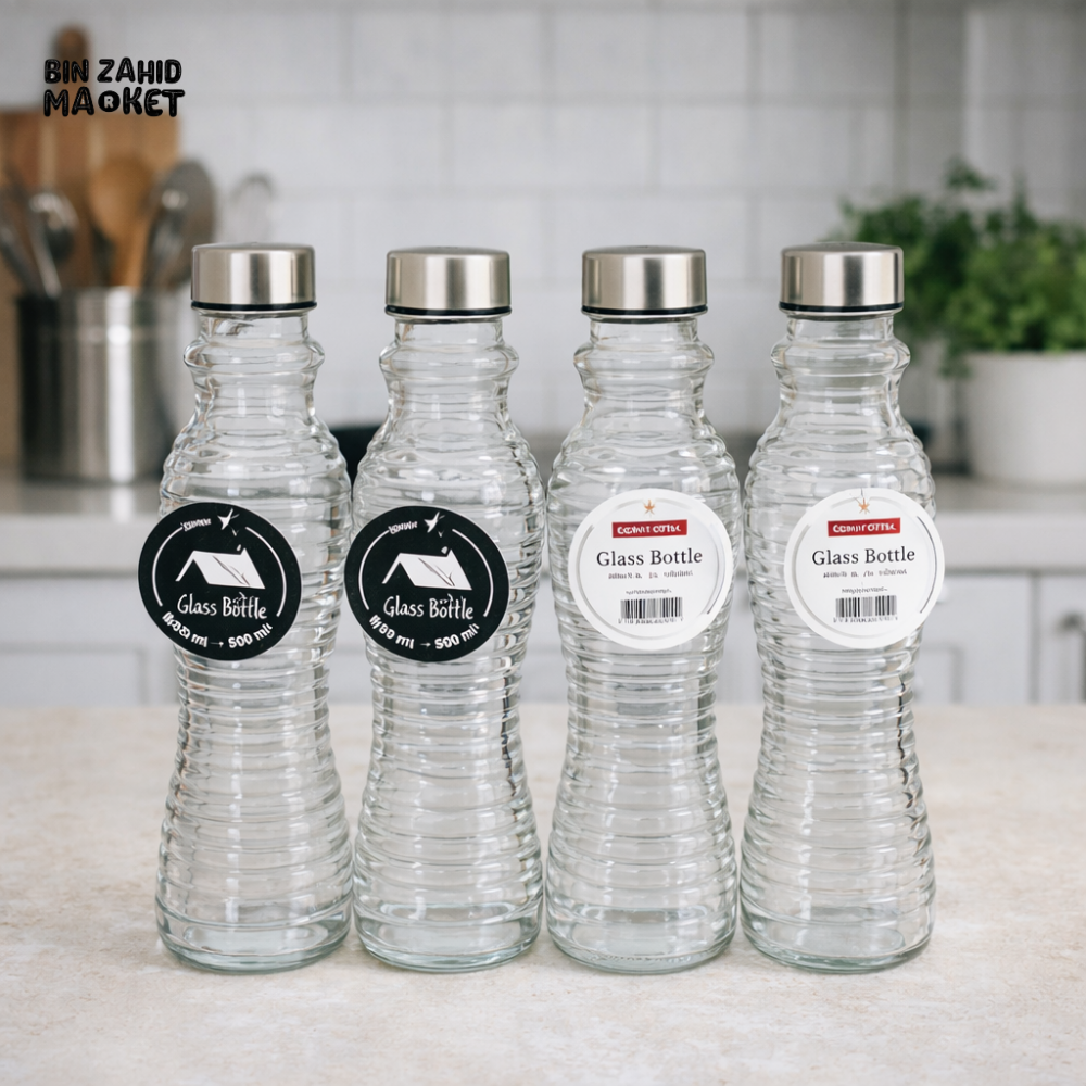 DANNY HOME GLASS WATER BOTTLE 500ML RIBBED DESIGN WITH STAINLESS STEEL CAP REUSABLE DRINKING BOTTLE 24 PCS SET 1966-24
