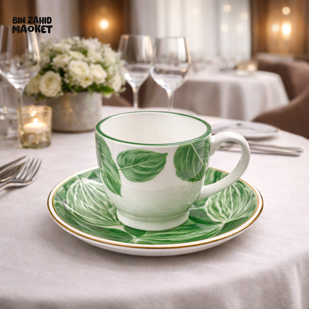 DANNY HOME GREEN LEAF CERAMIC TEA CUP & SAUCER SET 6 PIECE – MODERN STONEWARE COFFEE CUP FOR ELEGANT TABLE SETTING