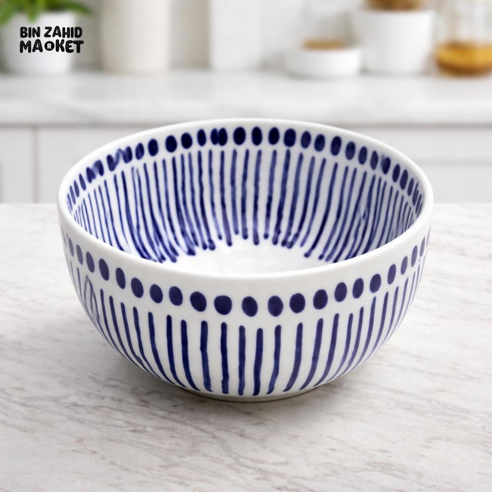 HANDMADE BLUE & WHITE STRIPED CERAMIC SERVING BOWL β MODERN KITCHEN DINING BOWL (15CM)