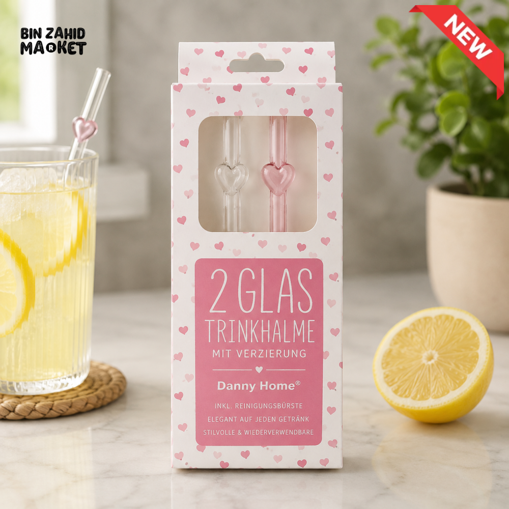 DANNY HOME HEART DESIGN REUSABLE GLASS DRINKING STRAWS - 2 PIECE SET