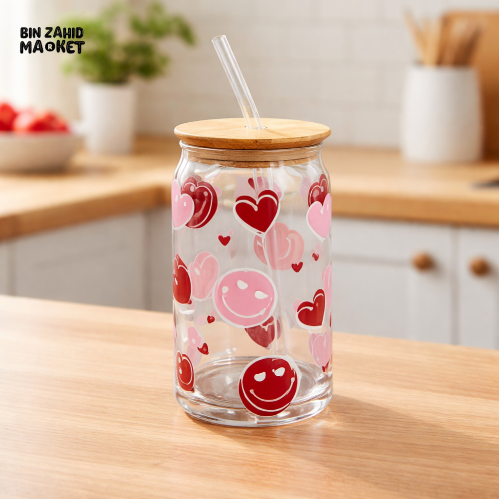 DANNY HOME CB-224 HEART SMILEY GLASS TUMBLER WITH BAMBOO LID & STRAW 2PCS SET 500ML