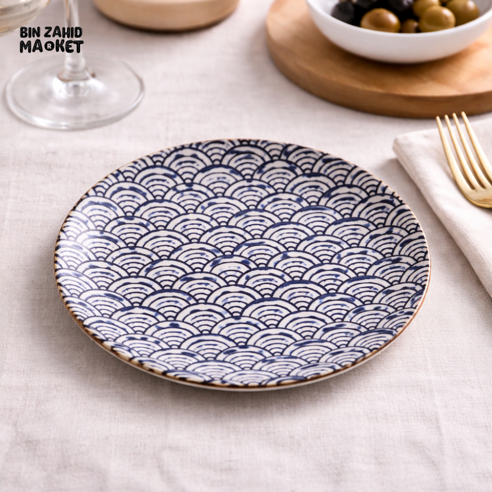DANNY HOME JAPANESE WAVE PATTERN CERAMIC FLAT PLATE 8.5 INCH ROUND DINNER SERVING DISH PREMIUM BLACK WHITE DESIGN 85P