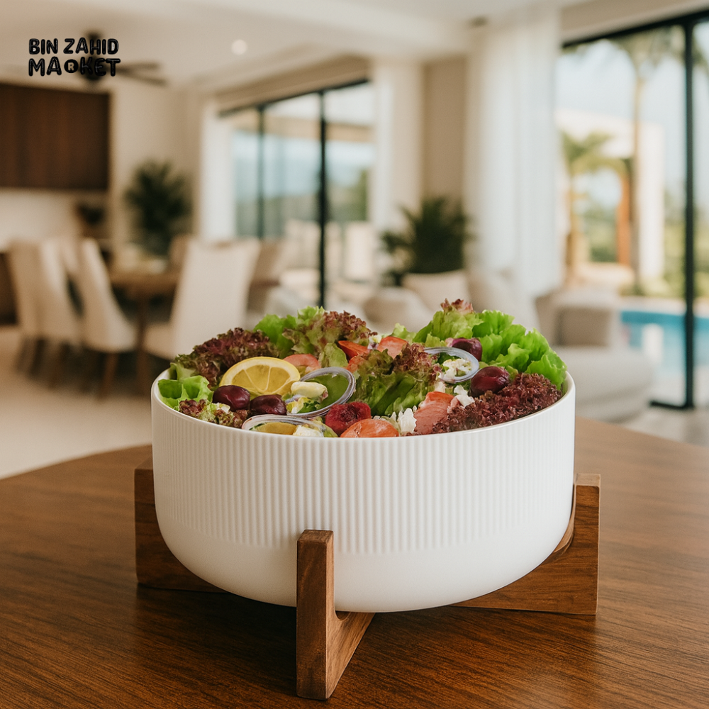DANNY HOME LUXURY CERAMIC SALAD BOWL WITH WOODEN STAND 2.7 LITRES – PREMIUM SERVING BOWL FOR DINING & KITCHEN - GS2105