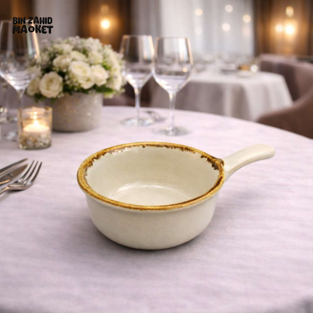 DANNY HOME LUXURY CREAM CERAMIC SAUCE BOWL WITH HANDLE – RUSTIC GOLD RIM