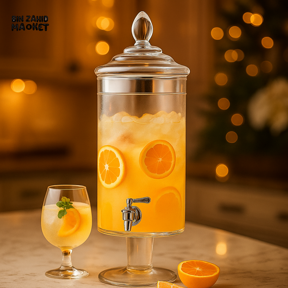 DANNY HOME LUXURY GLASS BEVERAGE DISPENSER – TALL JUICE & WATER SERVER WITH TAP AND LID FOR HOME & PARTY USE