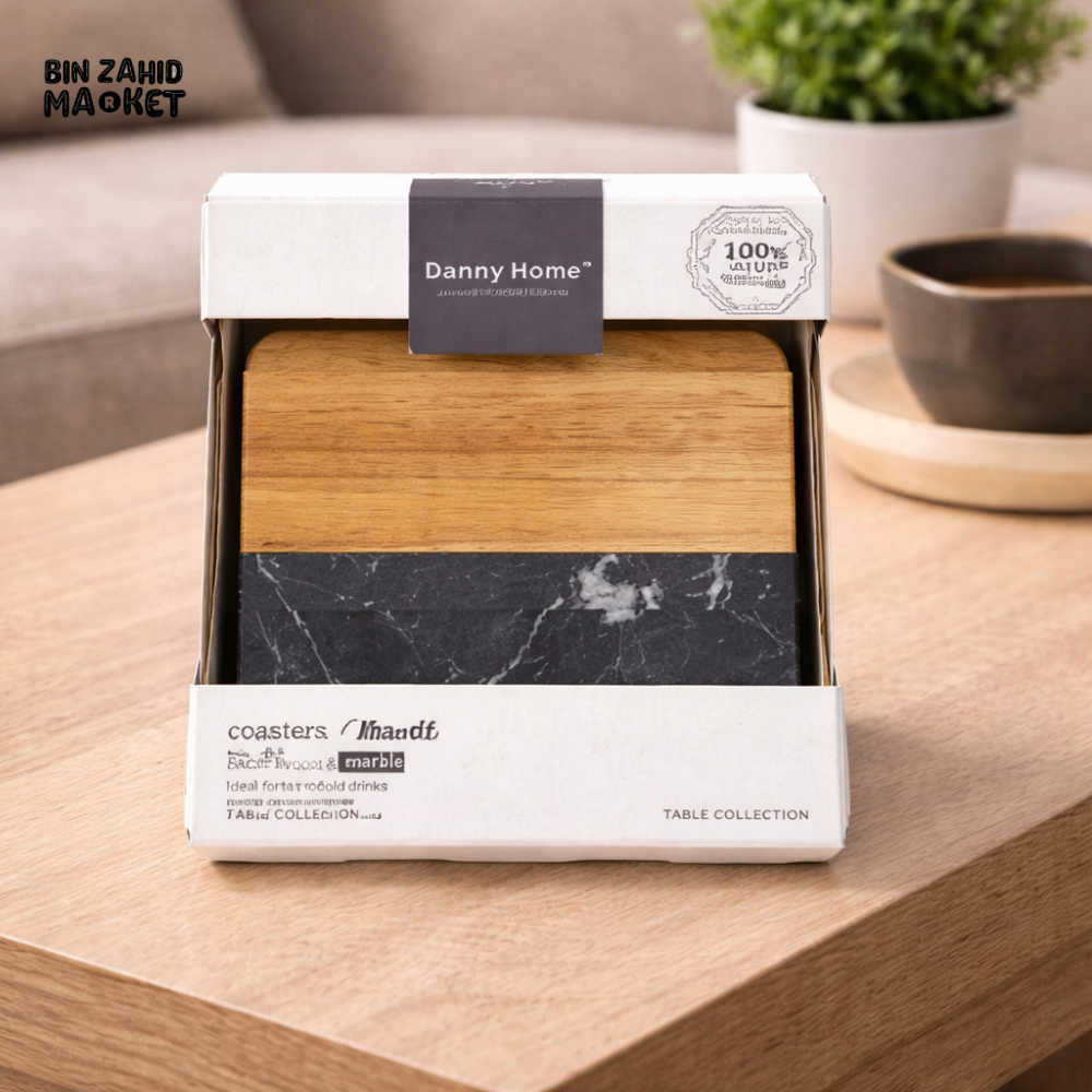DANNY HOME MARBLE & WOOD COASTER SET 4PCS 10X10CM DRINK TABLE PROTECTOR HOME DÉCOR ACCESSORY CZT44-25