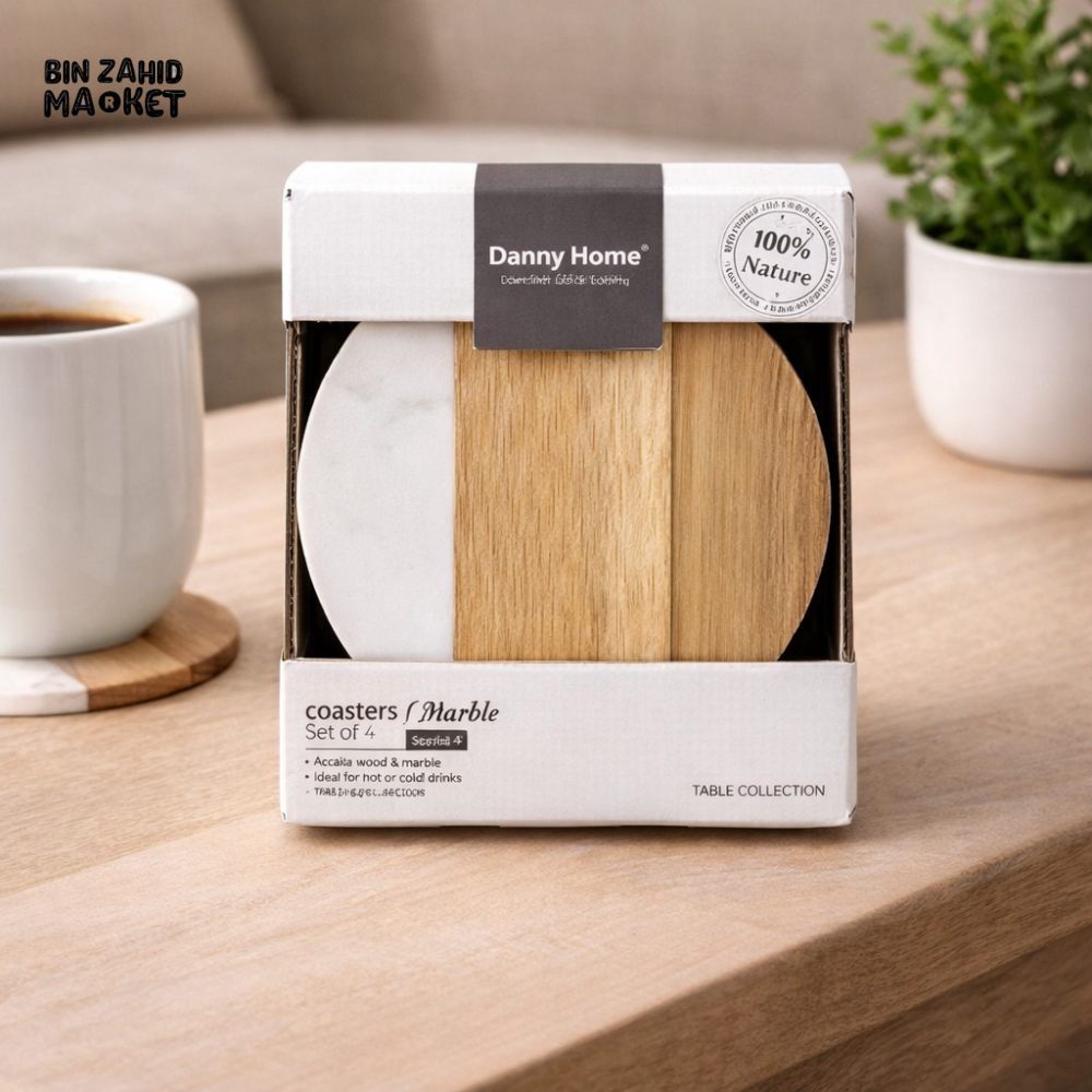 DANNY HOME MARBLE & WOOD COASTER TRAY SET 4PCS 10X10CM TABLE PROTECTOR DRINK COASTERS HOME DÉCOR CZT44-26