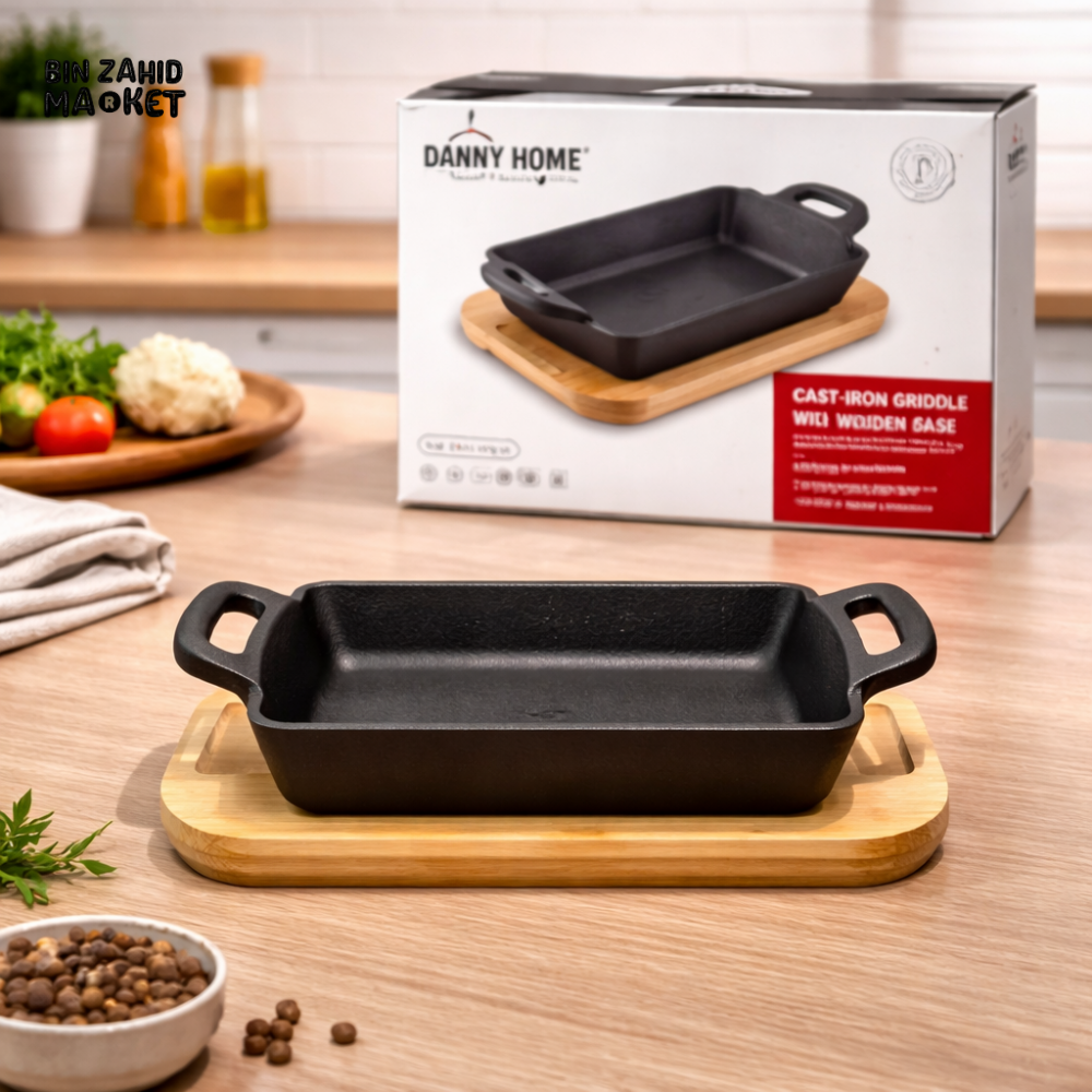 ZYB197 MINI CAST IRON RECTANGULAR SIZZLER PAN WITH WOODEN BASE 15CM – COMPACT STEAK SERVING GRIDDLE WITH DOUBLE HANDLES