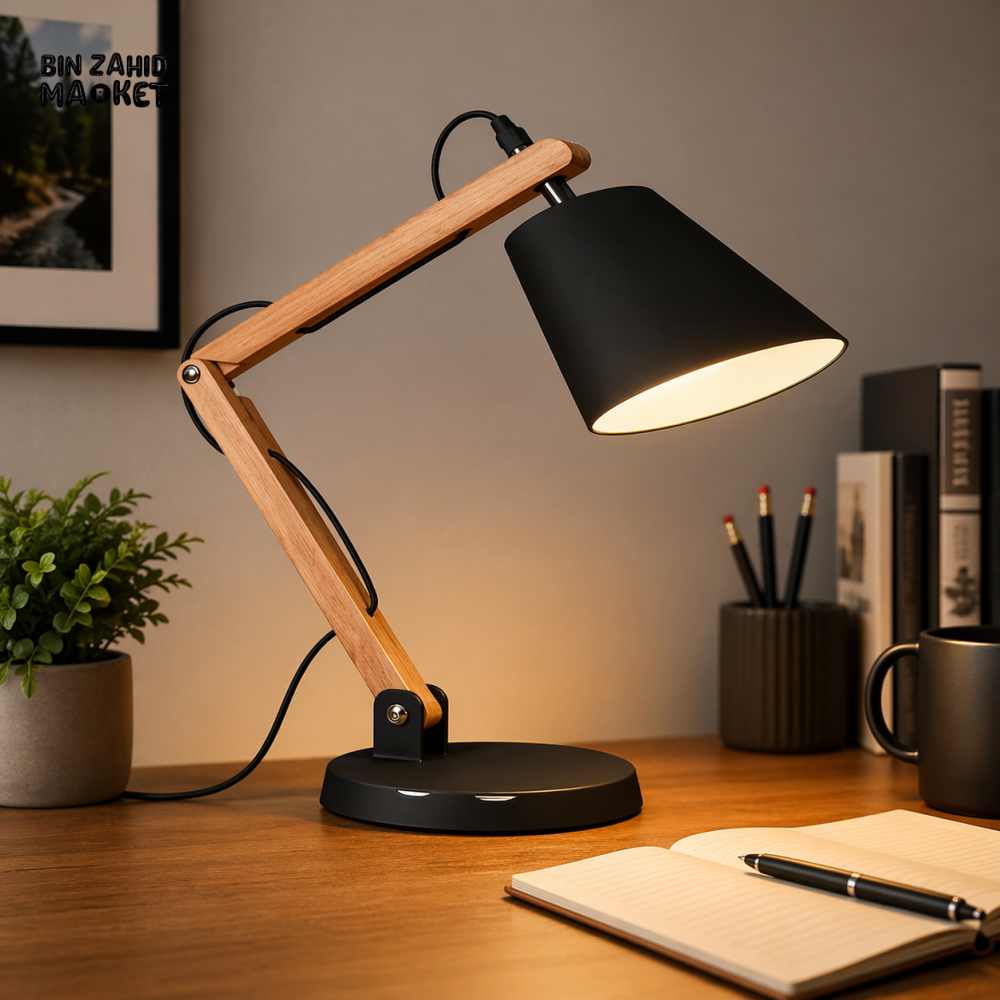 DANNY HOME MODERN ADJUSTABLE WOODEN ARM TABLE LAMP BLACK METAL SHADE DESK LIGHT TL-021-2