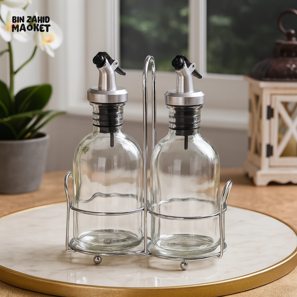 DANNY HOME OIL AND VINEGAR DISPENSER SET WITH STAND – STYLISH GLASS BOTTLES FOR DINING TABLE & KITCHEN USE