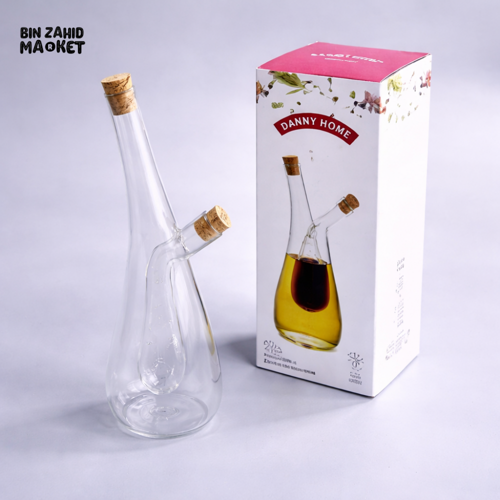 DANNY HOME PREMIUM 2 IN 1 GLASS OIL BOTTLE 260ML + 50ML DUAL CHAMBER VINEGAR DISPENSER WITH DOUBLE SPOUT KY-063