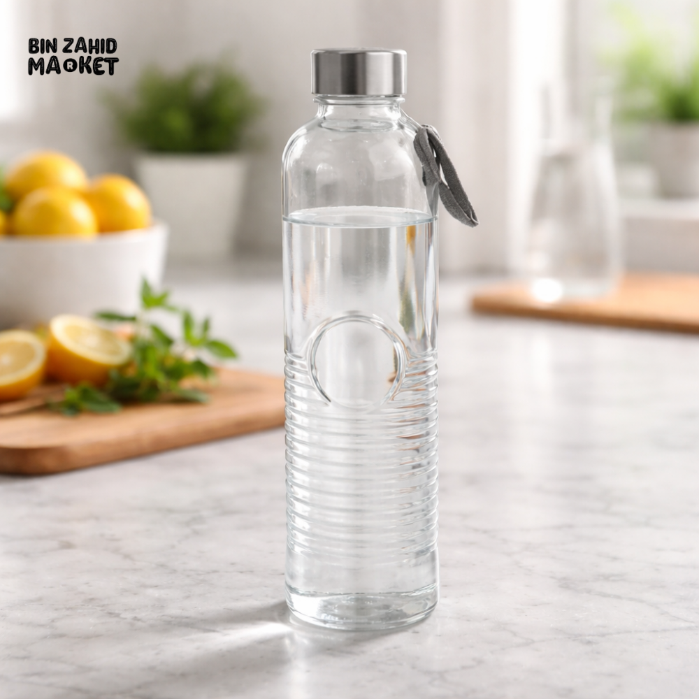DANNY HOME PREMIUM CLEAR GLASS WATER BOTTLE 1000ML WITH STAINLESS STEEL LID LEAK PROOF REUSABLE DRINKING BOTTLE 1966-103