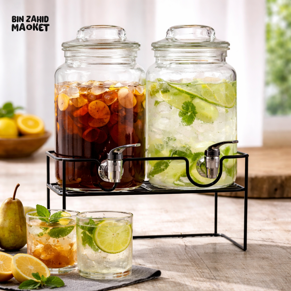 DANNY HOME PREMIUM GLASS DRINK DISPENSER SET 3PCS 2300ML EACH WITH TAP AND METAL STAND BEVERAGE SERVER SD-031
