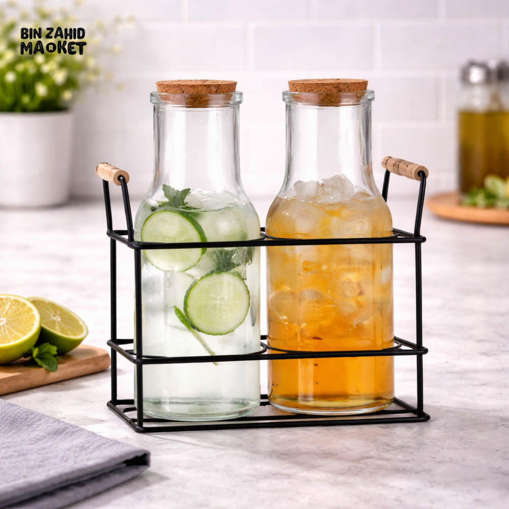 DANNY HOME PREMIUM GLASS JUICE JAR SET 3PCS 1350ML WITH LIDS AND METAL STAND BEVERAGE CARAFE SET SD-024