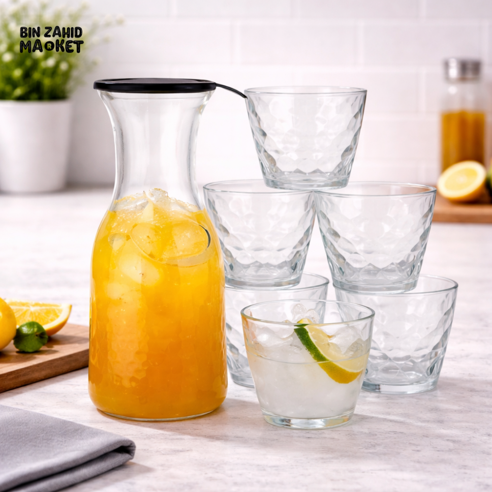 DANNY HOME PREMIUM GLASS JUICE JAR SET 7PCS 1080ML CARAFE WITH 6 MATCHING CUPS BEVERAGE SERVING SET SD-018