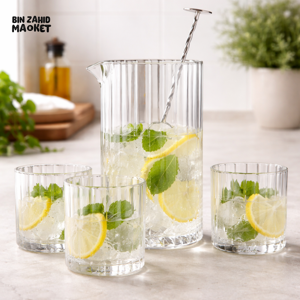 DANNY HOME PREMIUM GLASS WATER PITCHER WITH 3 DRINKING GLASSES SET LEMONADE JUICE SERVING JUG MODERN DRINKWARE SET