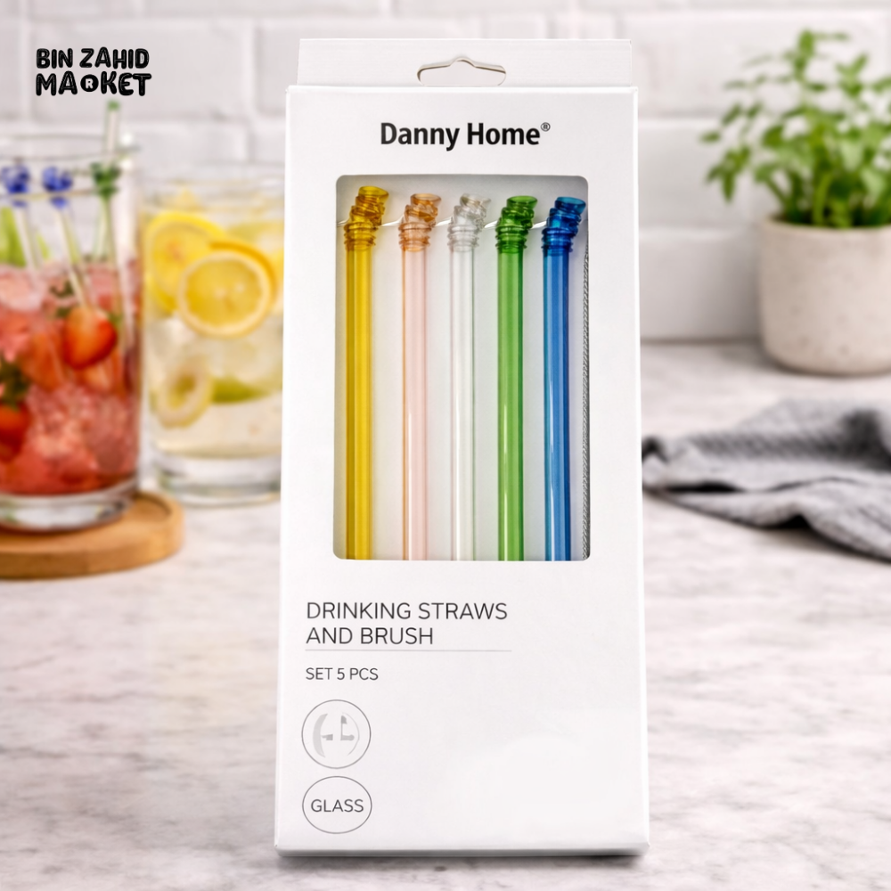 DANNY HOME PREMIUM REUSABLE GLASS STRAW SET 5PCS 20CM BOROSILICATE DRINKING STRAWS WITH CLEANING BRUSH ECO FRIENDLY
