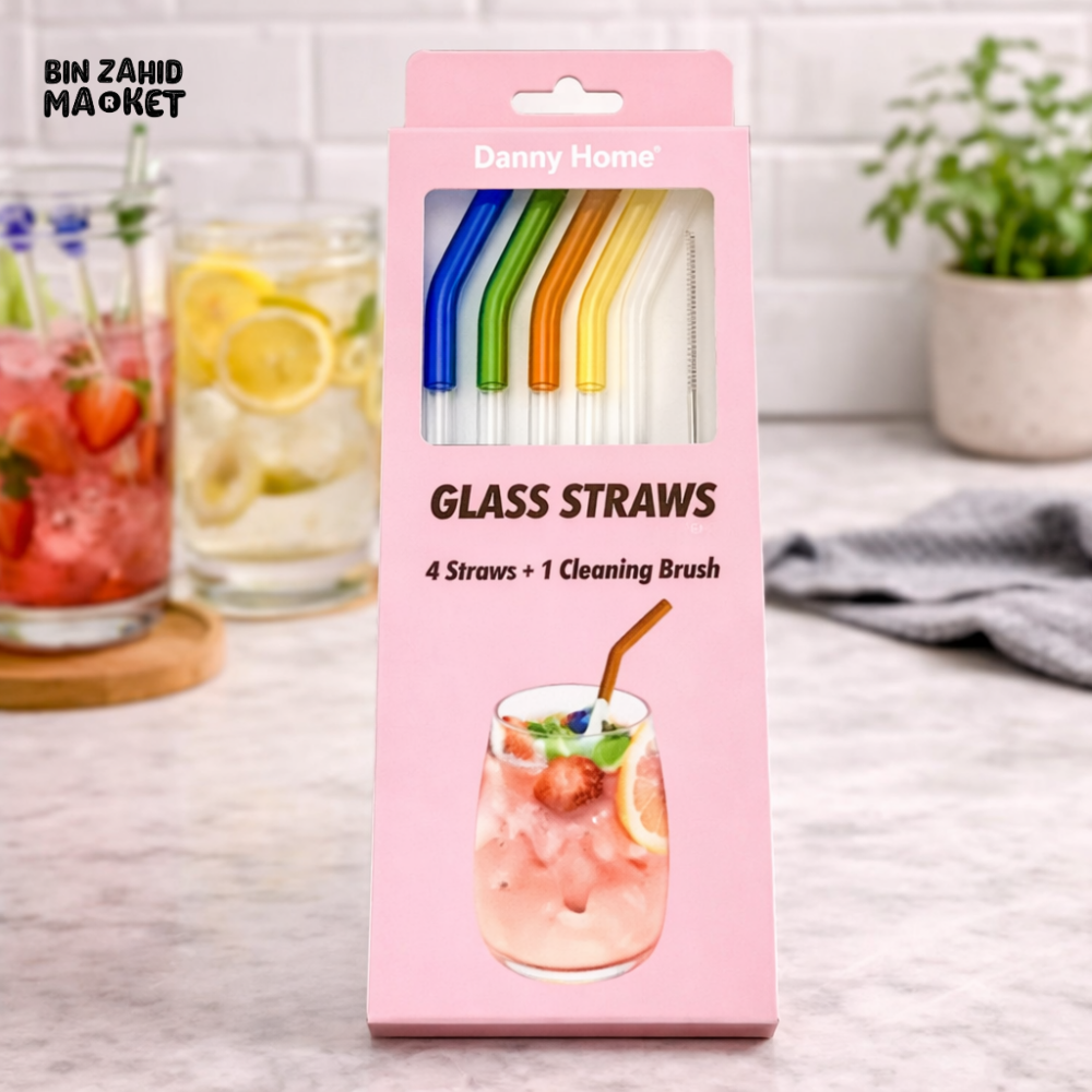 DANNY HOME PREMIUM REUSABLE GLASS STRAW SET 5PCS 20CM BOROSILICATE DRINKING STRAWS WITH CLEANING BRUSH ECO FRIENDLY
