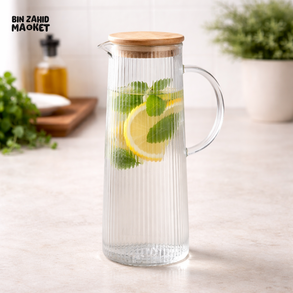 DANNY HOME PREMIUM RIBBED GLASS WATER PITCHER WITH BAMBOO LID 1200ML JUICE LEMONADE BEVERAGE SERVING JUG MODERN