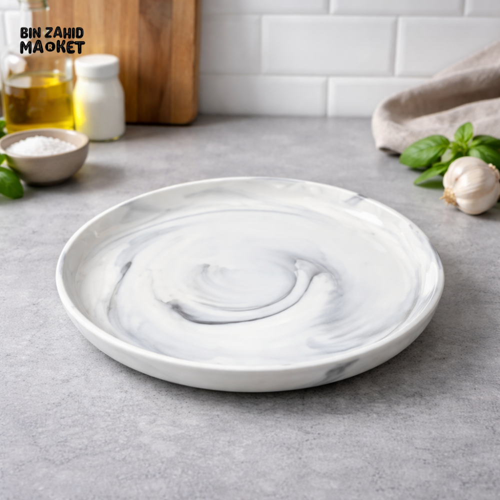 PREMIUM WHITE & GREY MARBLE CERAMIC DINNER PLATE – MODERN ROUND SERVING DISH FOR KITCHEN & TABLEWARE