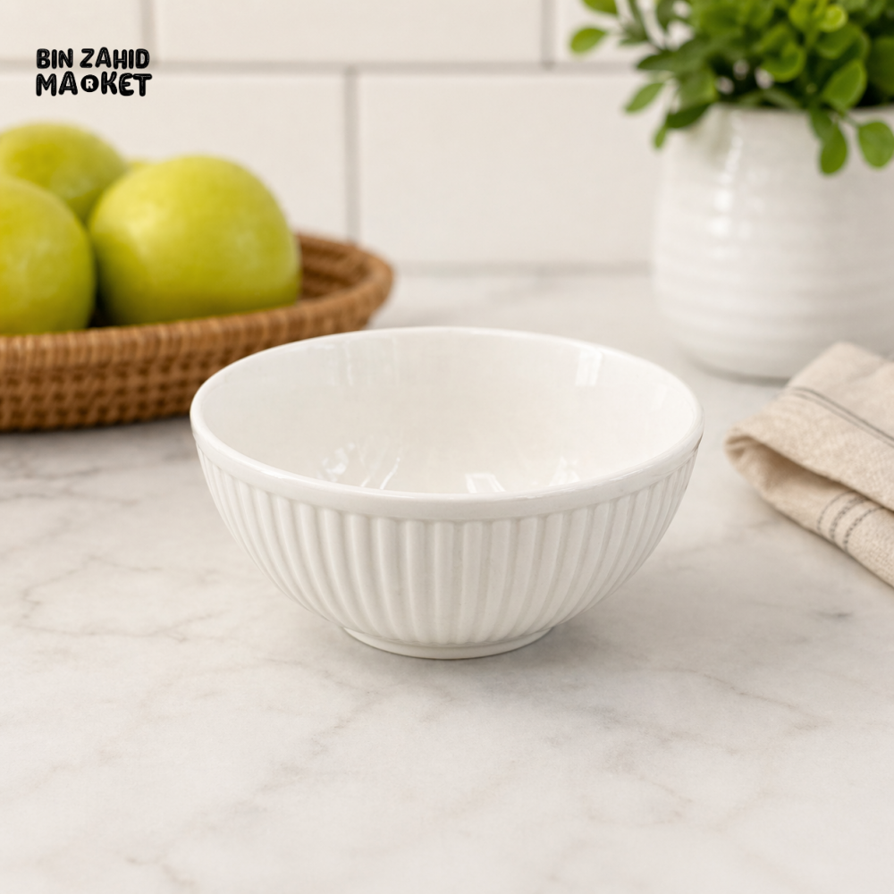 DANNY HOME PREMIUM WHITE RIBBED CERAMIC SERVING BOWL 8 INCH MULTIPURPOSE SOUP SALAD NOODLE DINNERWARE BW22-15