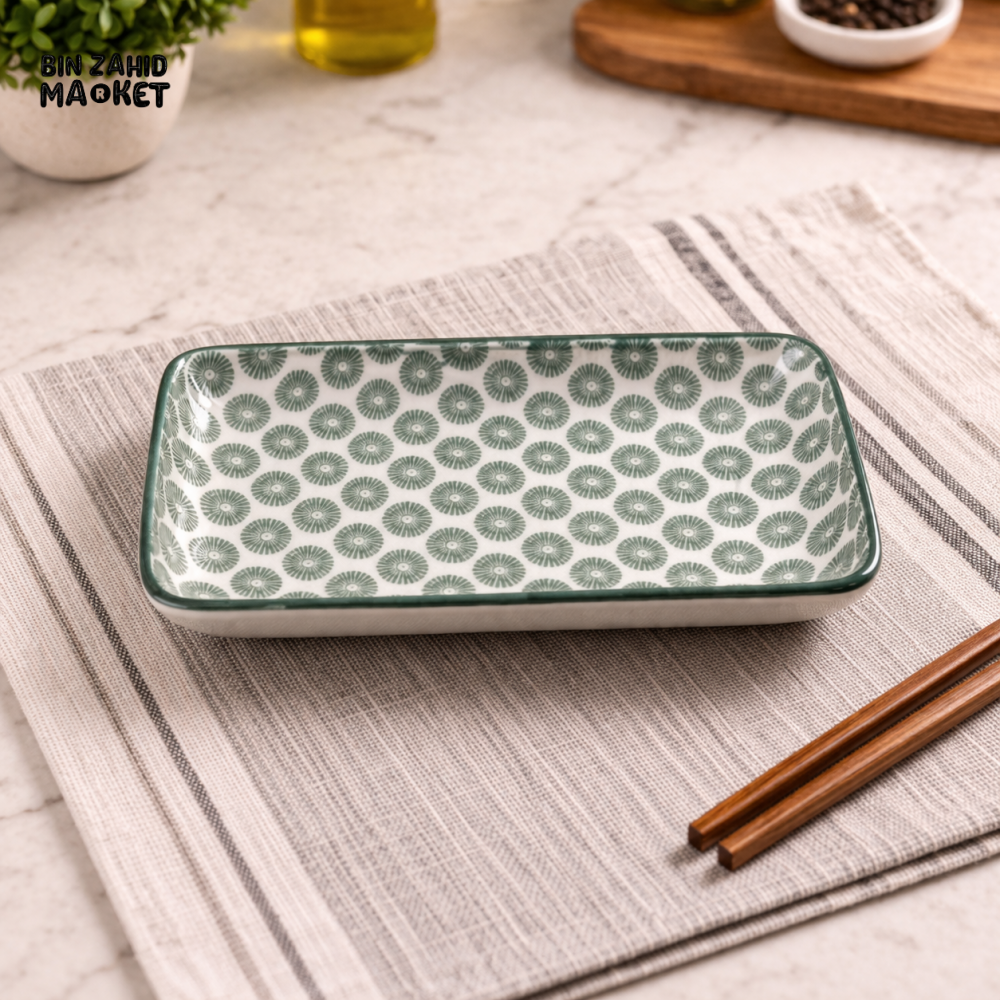 DANNY HOME RECTANGULAR CERAMIC SERVING PLATE β 7 INCH GREEN PATTERNED APPETIZER & DESSERT DISH 70CFP 2063-2