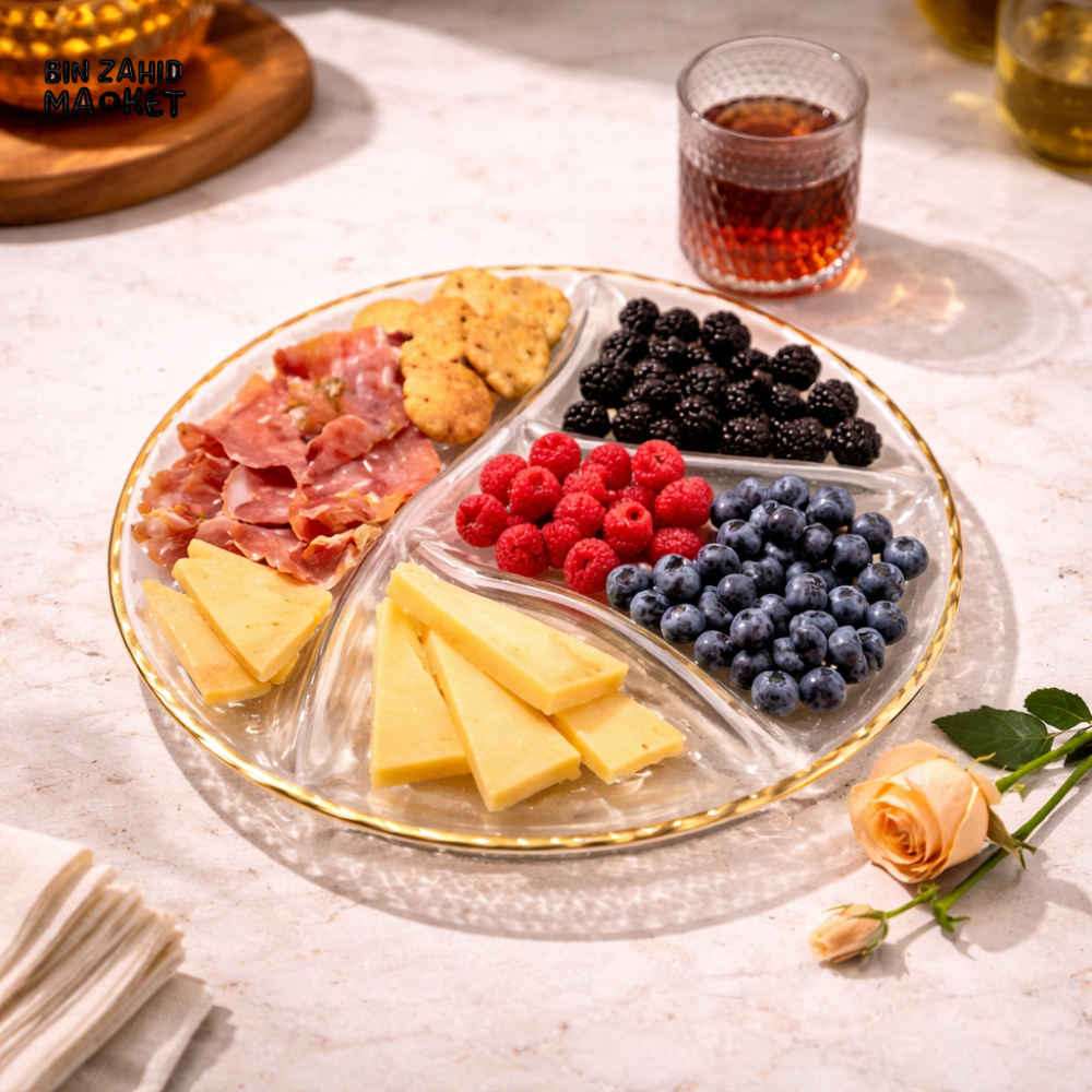 DANNY HOME ROUND GLASS SNACK SERVING PLATTER WITH GOLD RIM 33x2CM -RW22-01