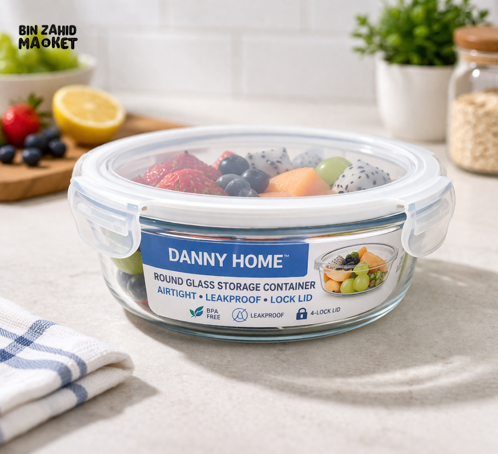 DANNY HOME ROUND GLASS STORAGE CONTAINER WITH LOCK LID 930ML -BXH02-04