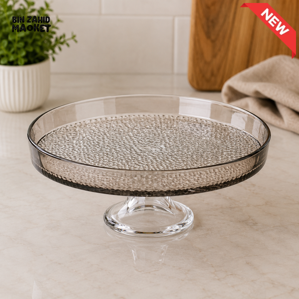DANNY HOME ROUND TEXTURED GLASS CAKE STAND WITH PEDESTAL BASE - 13 INCHES