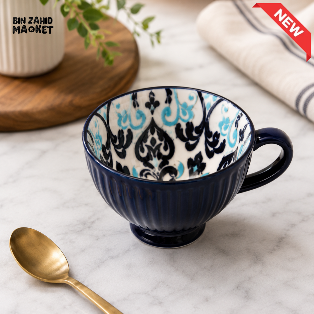 DANNY HOME SANTORINI 355ML PORCELAIN ART COFFEE MUG WITH BLUE MEDITERRANEAN PATTERN DHMUG-E-24
