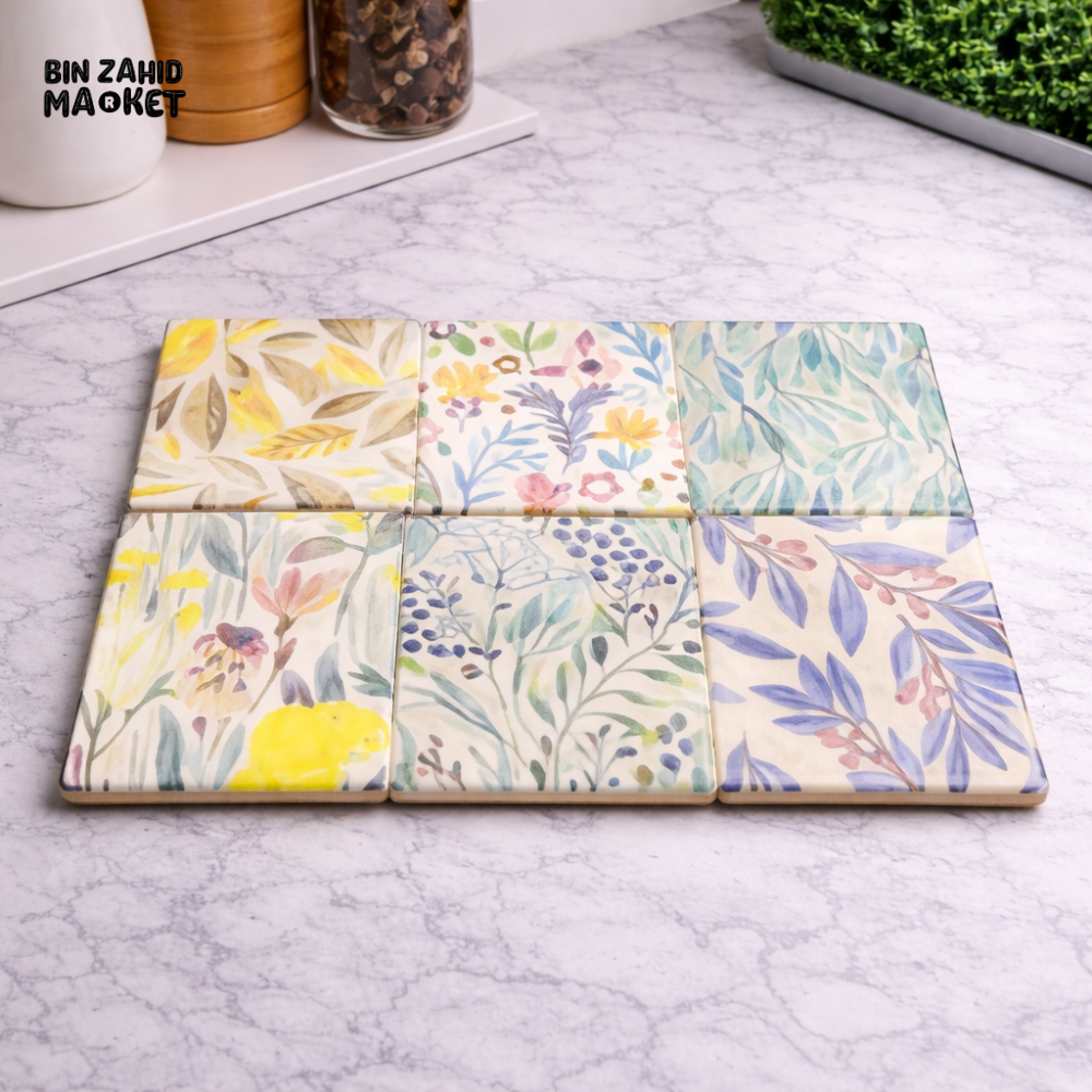 SQUARE CERAMIC COASTERS SET OF 6 β FLORAL ABSORBENT DRINK COASTERS WITH CORK BASE