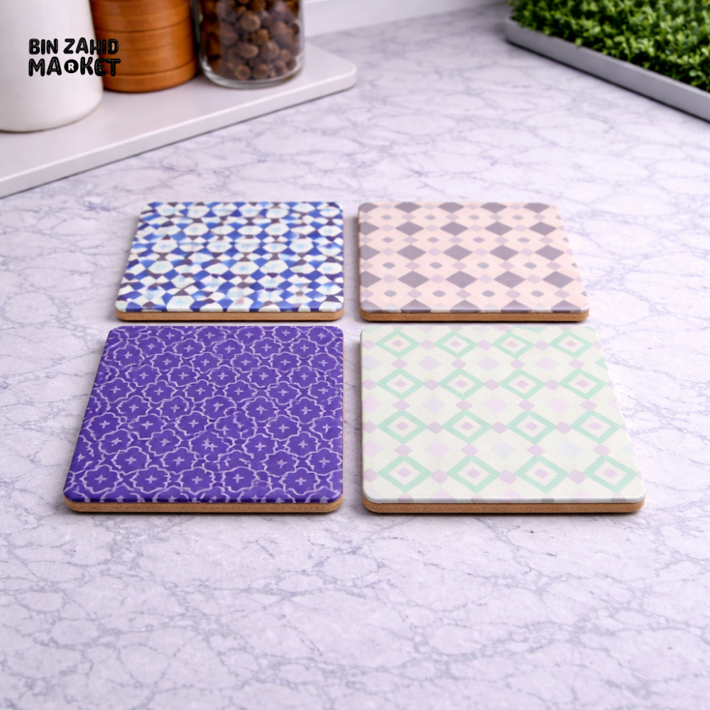 SQUARE CERAMIC COASTERS SET OF 4 β GEOMETRIC TILE DESIGN ABSORBENT DRINK COASTERS WITH CORK BASE