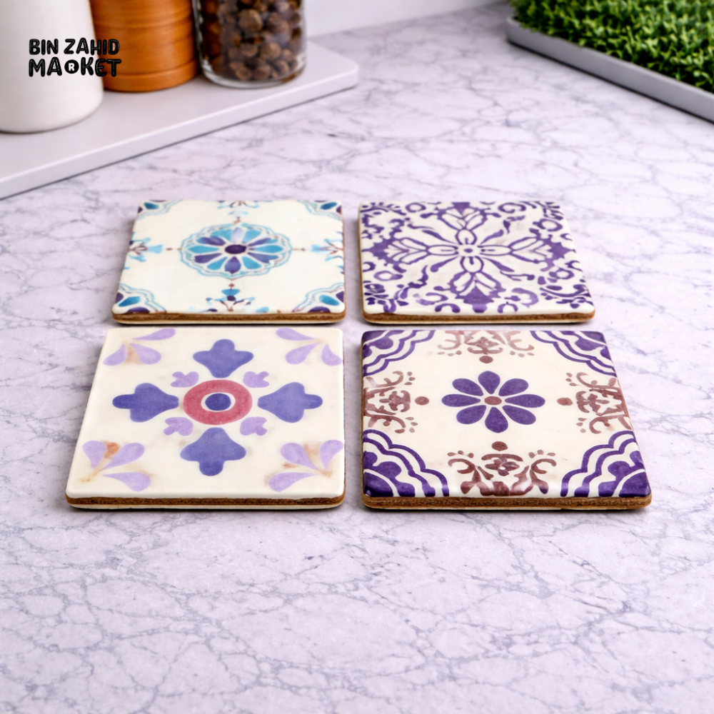 SQUARE CERAMIC COASTERS SET OF 4 – TILE DESIGN ABSORBENT DRINK COASTERS WITH CORK BASE