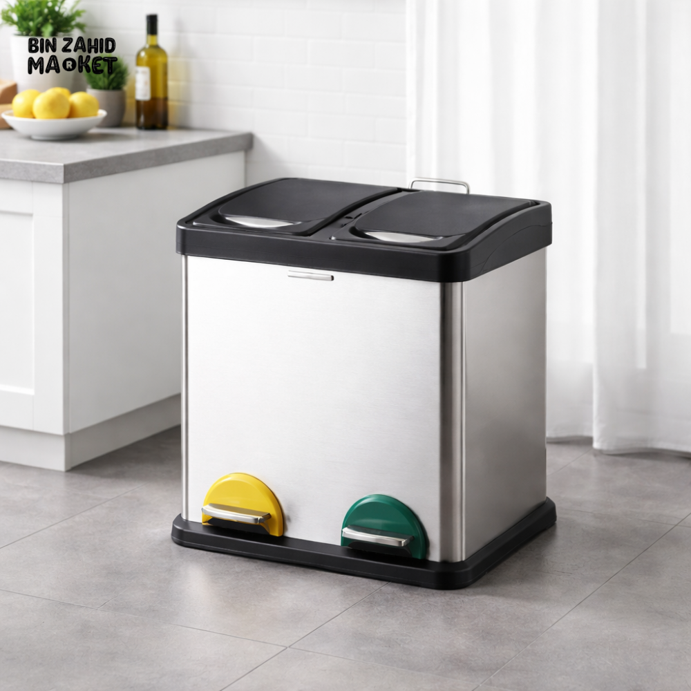 DANNY HOME STAINLESS STEEL DUAL COMPARTMENT PEDAL TRASH CAN 16LTR SOFT CLOSE RECYCLE BIN WITH INNER BUCKETS LJT07-16-1