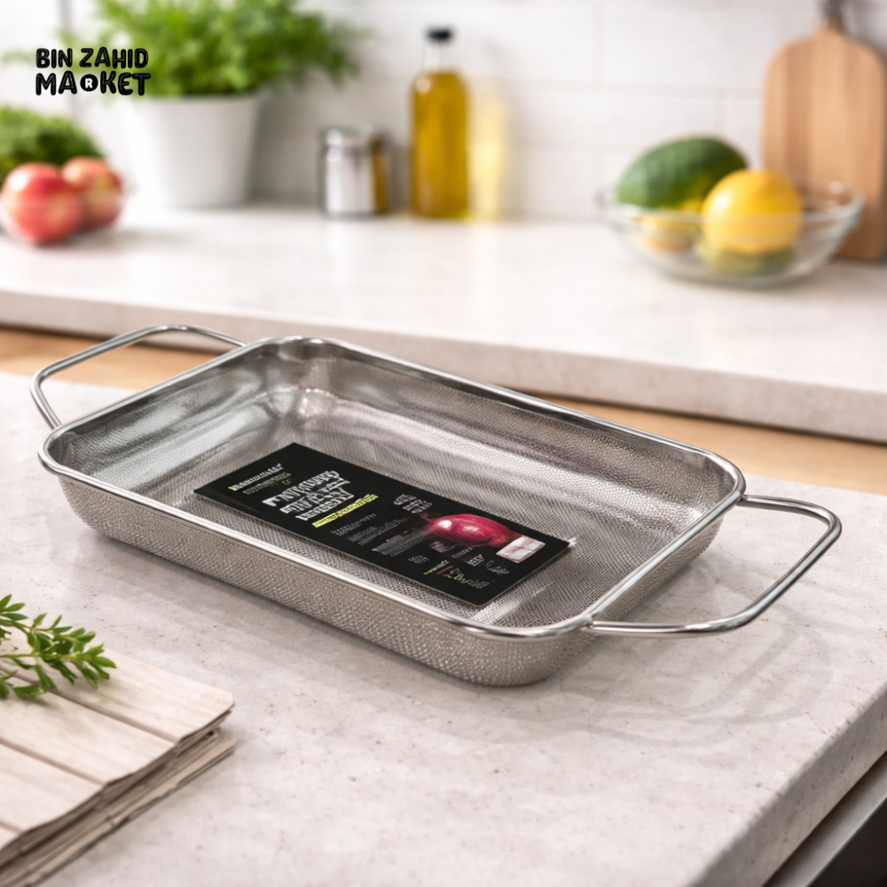 DANNY HOME STAINLESS STEEL RECTANGULAR MESH NET BASKET TRAY 28.5X22X5CM HEAVY DUTY FOOD DRAINING WASHING BASKET SS04-01