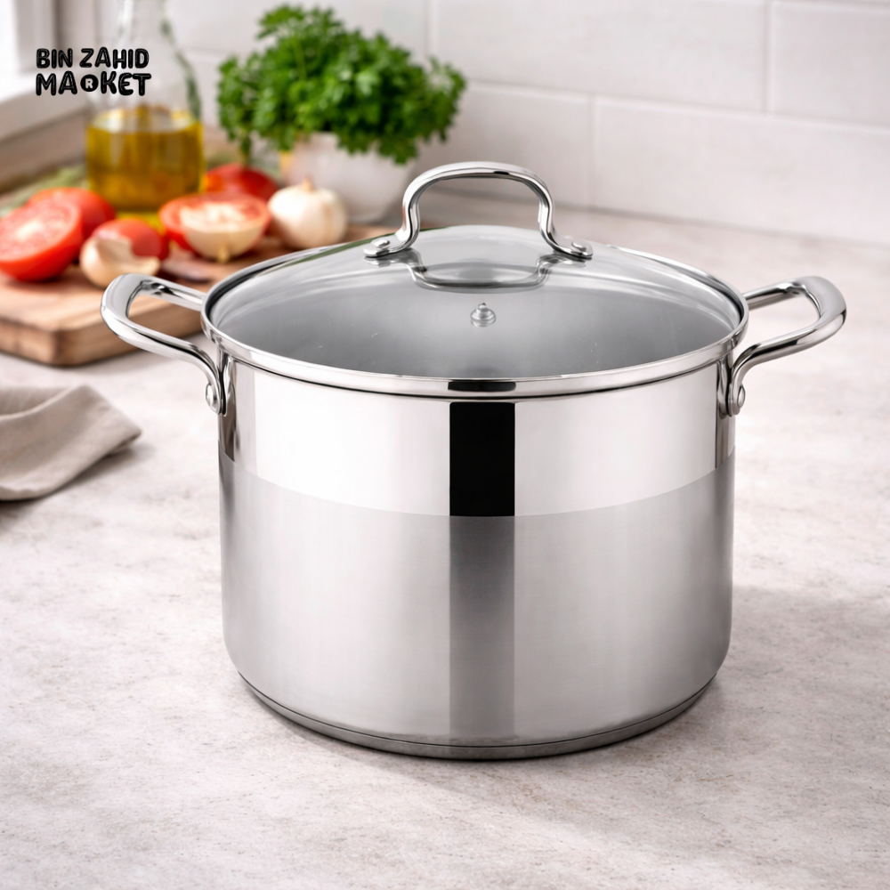 DANNY HOME STAINLESS STEEL STOCK POT WITH GLASS LID 28X22CM 13.5L LARGE COOKING SOUP STEW POT INDUCTION COOKWARE DH20-28
