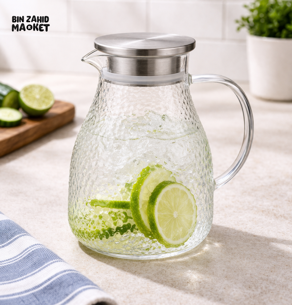 DANNY HOME TEXTURED GLASS WATER JUG WITH STEEL LID 1100ML - Jugs & Pitchers